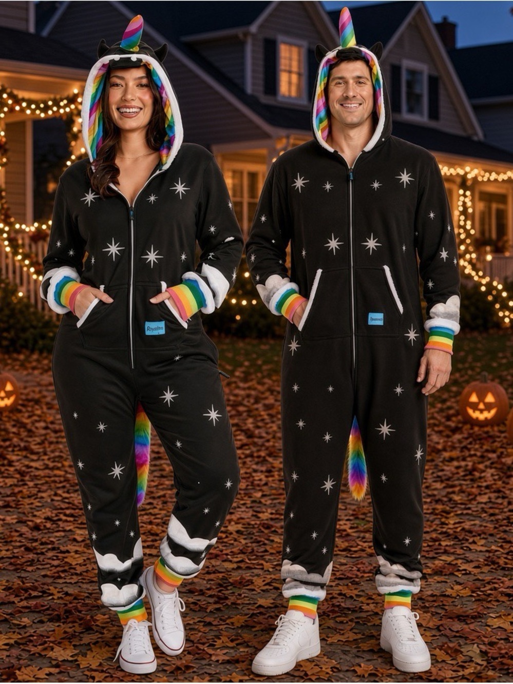 Tipsy Elves Black Rainbow Unicorn Adult Onesie - Hooded Fleece Large NWOT